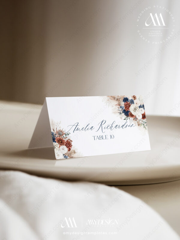 Rustic Navy Blue Wedding Place Cards | Editable Table Seating Card with Meal Icons | Flat And Foldable Placecards