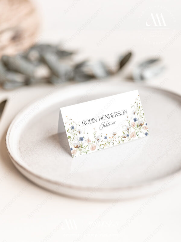 Elegant Place Card Template | Wildflower Wedding Name Cards | Flat & Foldable Digital Download