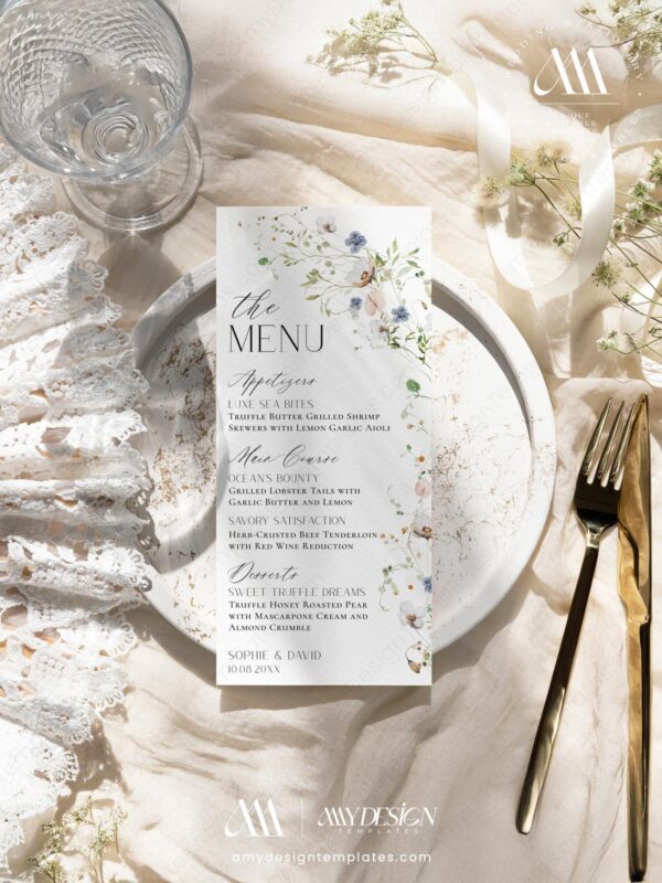 10+ Free Floral Menu Wedding Templates: Design a Bloom-Filled Feast Collection of wedding menu cards at Amy Design Templates D023