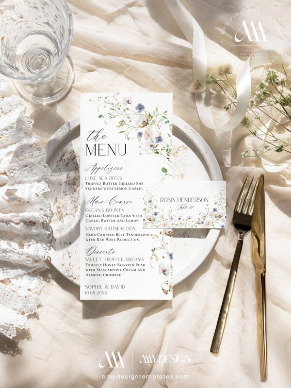 Whimsical Wedding Menu Template | Dinner Menu Cards | Elegant Wedding Bridal Shower Menu Cards