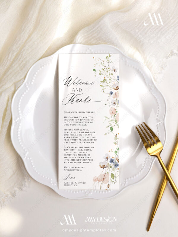 Wildflower Wedding Thank You Card Template | Place Setting Thank You | Wedding Table Decor | Digital Download