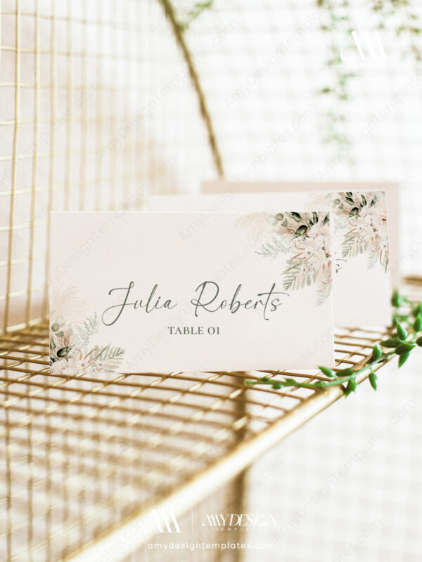 Boho Green Place Card Template | Rustic Wedding Seating Card with Meal Icons | Personalized Placecards