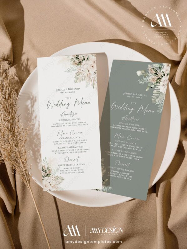 Boho Greenery Menu Template | Rustic Wedding Menu Template | Sage Green Menu Card | Customizable Menu Template
