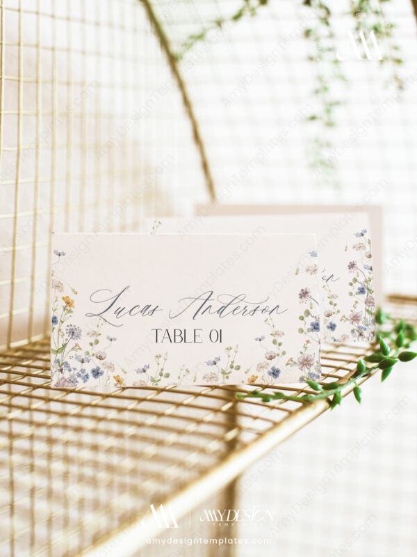Elegant Wildflower Floral Place Card | Editable Wedding Table Name Card with Meal Icons | Escort Cards