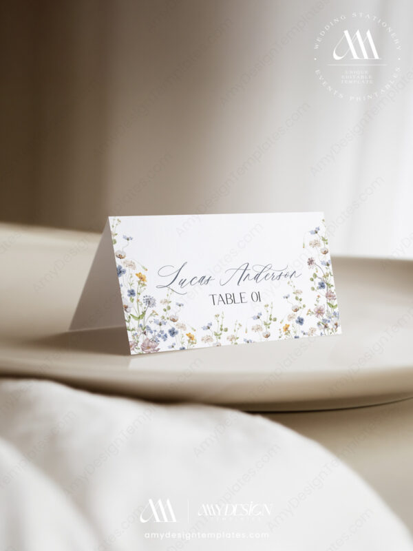 Alternative view of Elegant Wildflower Floral Place Card | Editable Wedding Table Name Card with Meal Icons | Escort Cards