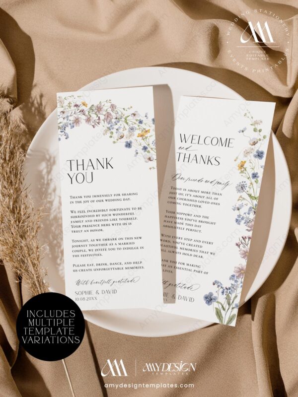 Wildflower Thank You Napkin Note Printable Editable | Table Thank You Note | Wedding Templates | Instant Download