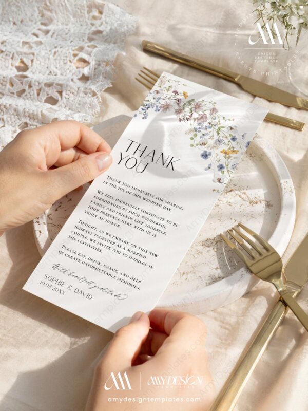 Wildflower Thank You Napkin Note Printable Editable | Table Thank You Note | Wedding Templates | Instant Download
