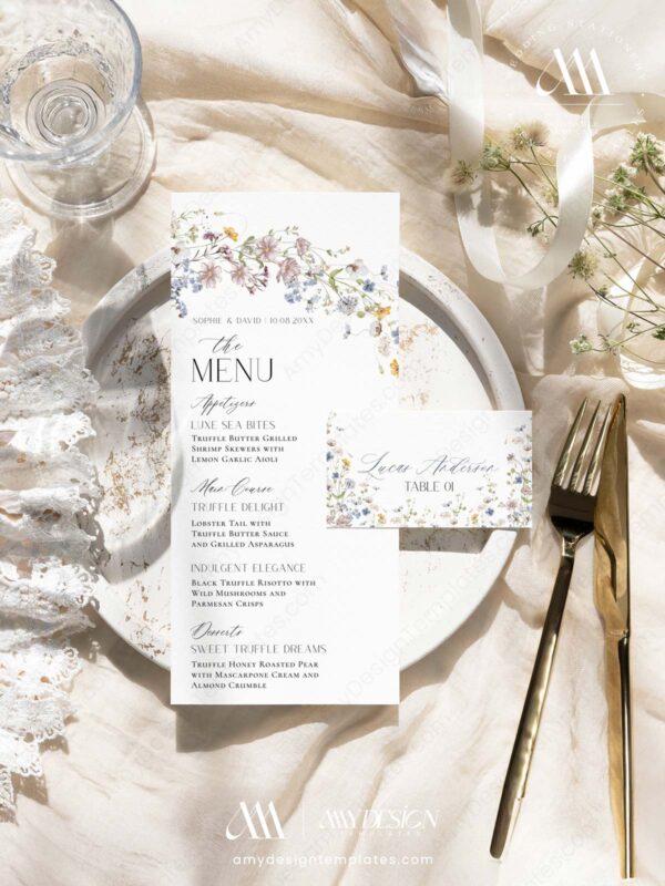Wildflower Wedding Menu Template | Dessert Menu Cards | Whimsical Menu | Shower Menu Card