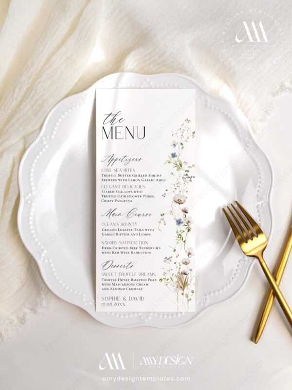 Elegant Menu Template Printable | Botanical Wedding Menus | Modern Minimal Printed Menu Card for Wedding