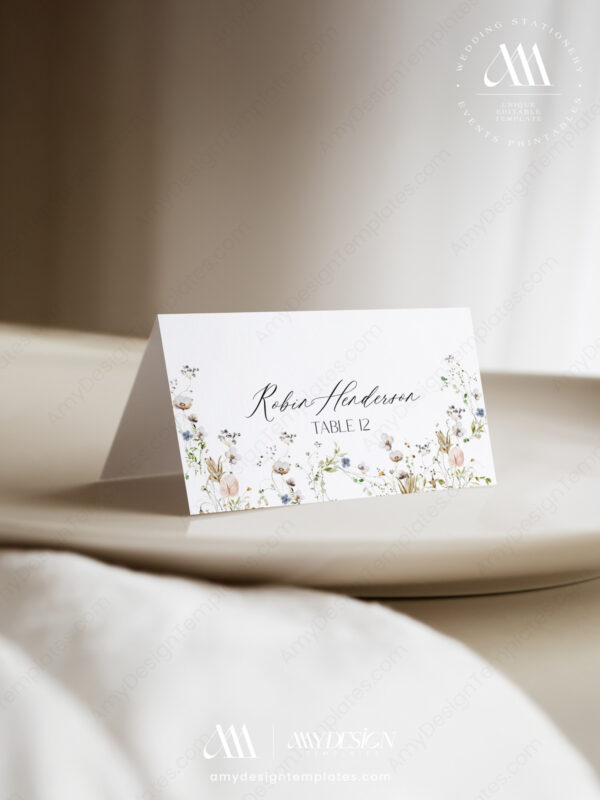 Wildflower Wedding Place Card Printable Template | Place Cards With Meal Choice Icons | Custom Placecards