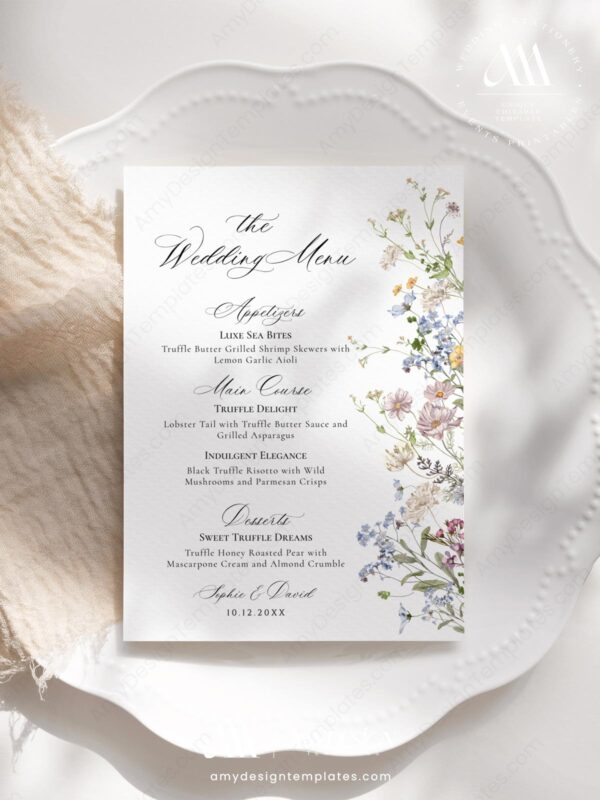 Dinner Menu Card Template | Wildflower Wedding Menu Place Card Template | Custom Menu Printable DIY