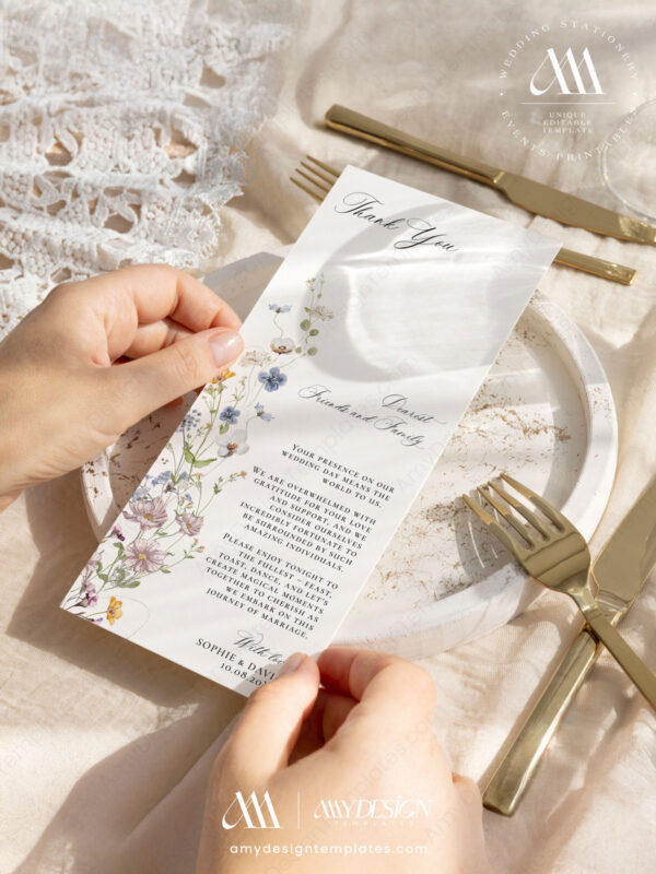 Minimalist Thank You Place Card Template | Floral Wedding Napkin Note | Printable Thank You Letter | Instant Download