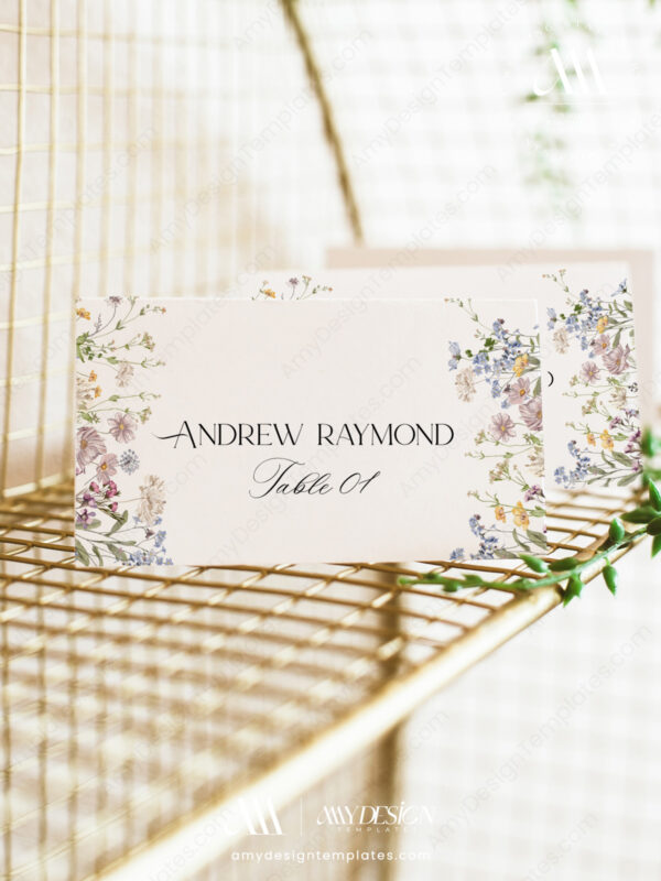 Wildflower Wedding Guest Place Cards Template | Editable Printable Table Name Card with Meal Icons