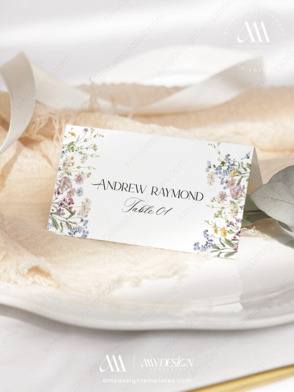 Alternative view of Wildflower Wedding Guest Place Cards Template | Editable Printable Table Name Card with Meal Icons