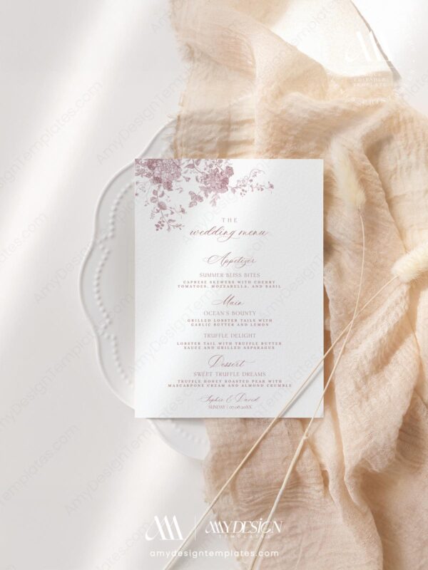 Alternative view of Minimalist Dessert Menu Template | Monogram Wedding Menu Template | Floral Toile Pink Wedding Menu Card
