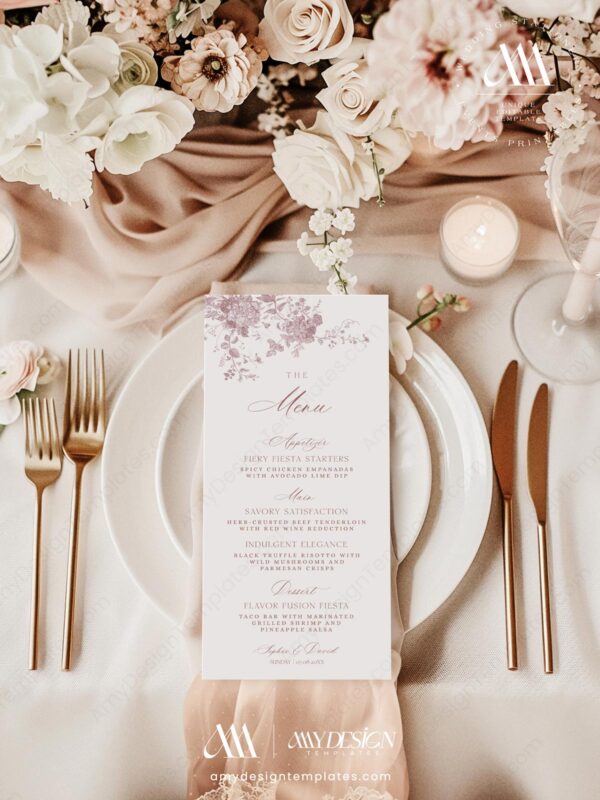 Pink Monogram Wedding Invitation Card Templates | Vintage Floral Wedding Set Minimalist Dessert Menu Template | Monogram Wedding Menu Template | Floral Toile Pink Wedding Menu Card