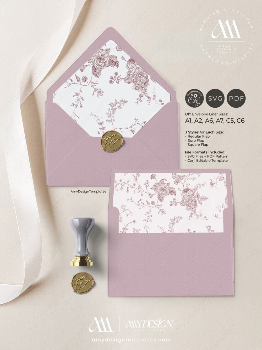 Monogram Wedding Envelope Liner Template | Envelope Liners A7 Flap ...