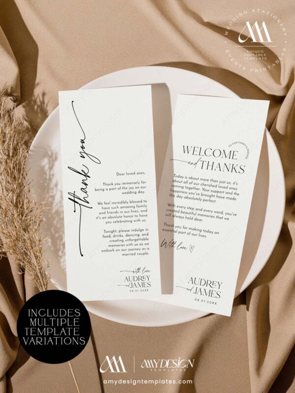 Elegant Modern Wedding Table Thank You Template | Minimal Thank You Napkin Note | Wedding Printable Place Setting