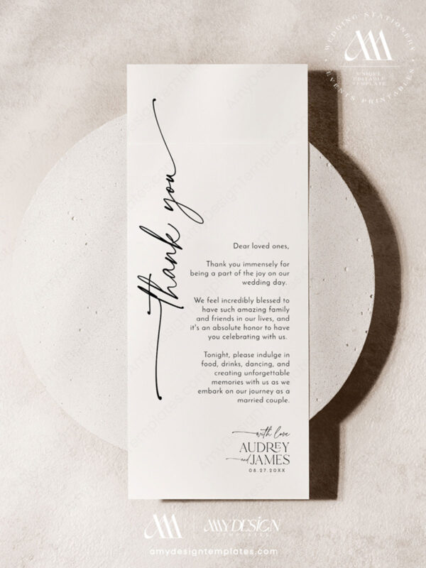 Elegant Modern Wedding Table Thank You Template | Minimal Thank You Napkin Note | Wedding Printable Place Setting