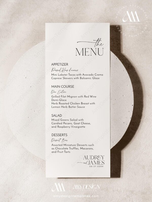 Minimal Wedding Menu Template | Minimalist Wedding Menu Dessert | Modern Wedding Menu | Editable Menu Printable Card