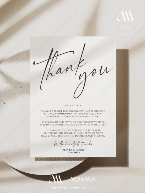 Minimalist Wedding Table Thank You Card | Printable Napkin Note | Place Setting Thank You Editable | Template Download