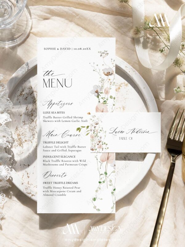 Botanical Baby Shower Menu Template | Wildflower Bridal Shower Menu Place Card | Birthday Menu Cards