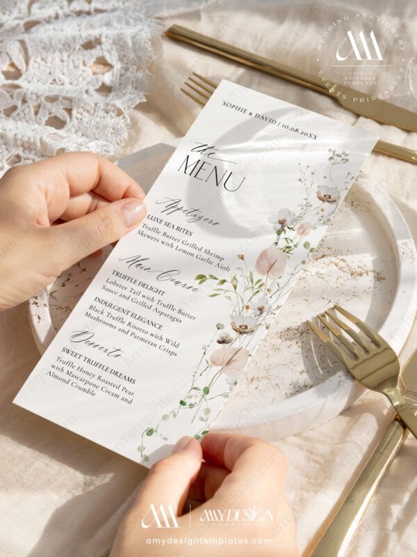 Botanical Baby Shower Menu Template | Wildflower Bridal Shower Menu Place Card | Birthday Menu Cards