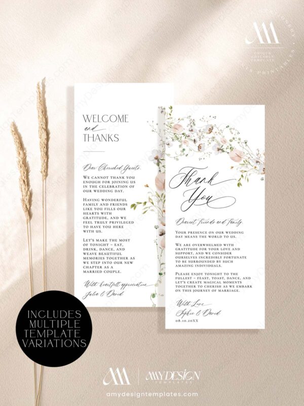 Menu Wedding Thank You Place Cards Template | Wildflower Thank You Napkin Note | Printable Menu Thank You Note Place Card