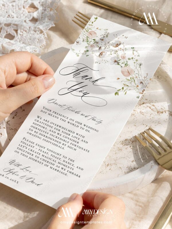 Menu Wedding Thank You Place Cards Template | Wildflower Thank You Napkin Note | Printable Menu Thank You Note Place Card
