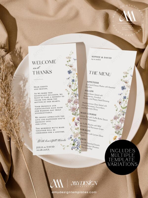 Printable Menu Thank You Place Card Download | Wildflower Thank You Napkin Note | Place Setting Menu Printable Template Download