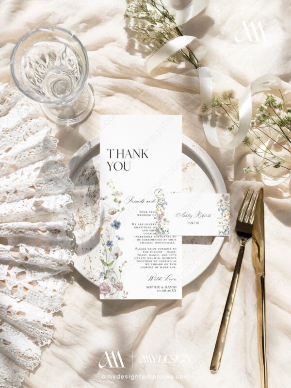 Printable Menu Thank You Place Card Download | Wildflower Thank You Napkin Note | Place Setting Menu Printable Template Download