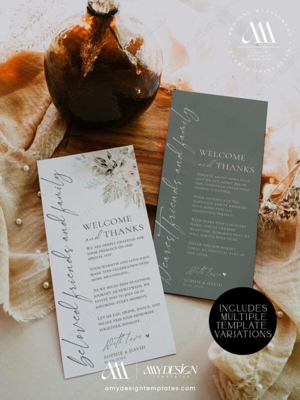 Boho Wedding Napkin Note Menu Template | Printable Menu Cards | Greenery Wedding Place Setting Cards Thank You