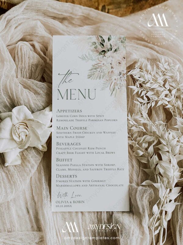 Minimalist Green Wedding Menu Template | Boho Greenery Menu Place Card Template | Wedding Shower Menu Card