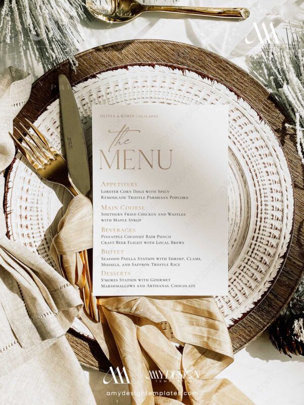 Minimalist Wedding Menu Template | Modern Wedding Dinner Menu | Printable Menu Place Cards Editable