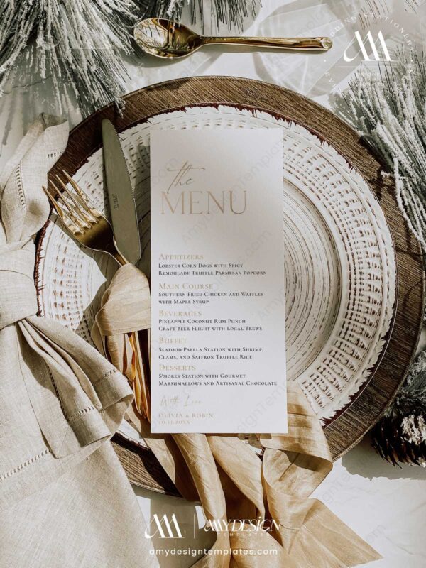 Minimalist Wedding Menu Template | Modern Wedding Dinner Menu | Printable Menu Place Cards Editable