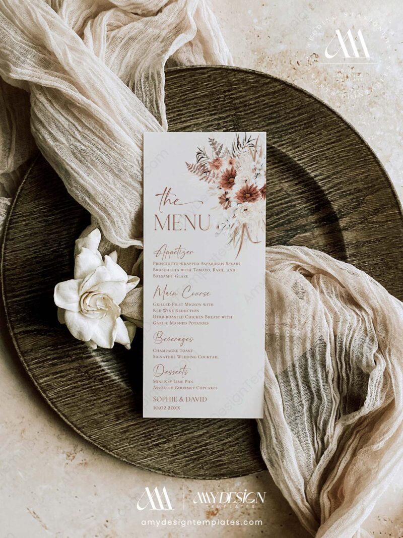 Boho Wedding Menu Place Card Template | Modern Boho Menu Template ...