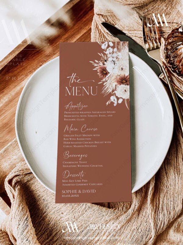 Boho Wedding Menu Place Card Template | Modern Boho Menu Template | Bohemian Wedding Dinner Menu