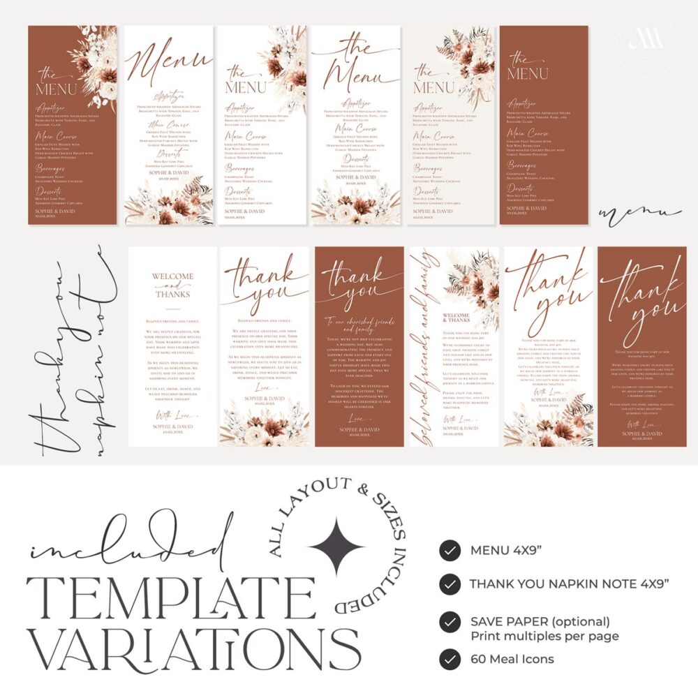 Boho Wedding Menu Place Card Template | Modern Boho Menu Template ...