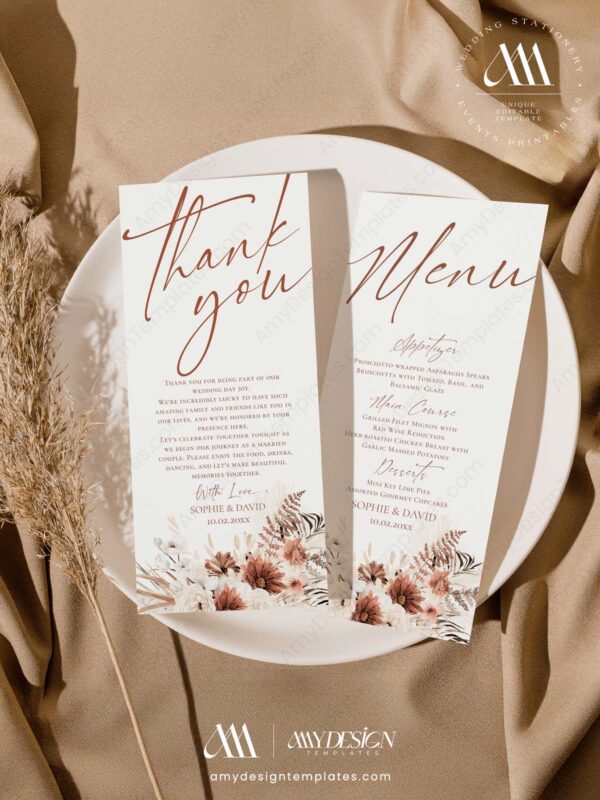 Rustic Boho Wedding Menu Template | Terracotta Menu Card Printable | Fall Wedding Editable Terracotta Menu Card | Boho Rust Wedding Menu Template | Terracotta Menu Template