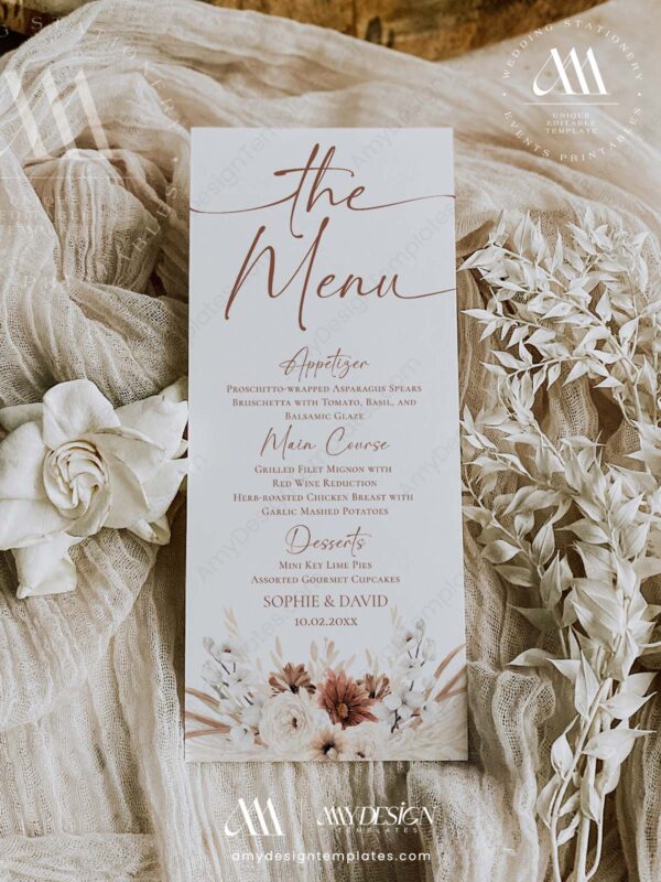 Editable Terracotta Menu Card | Boho Rust Wedding Menu Template | Terracotta Menu Template
