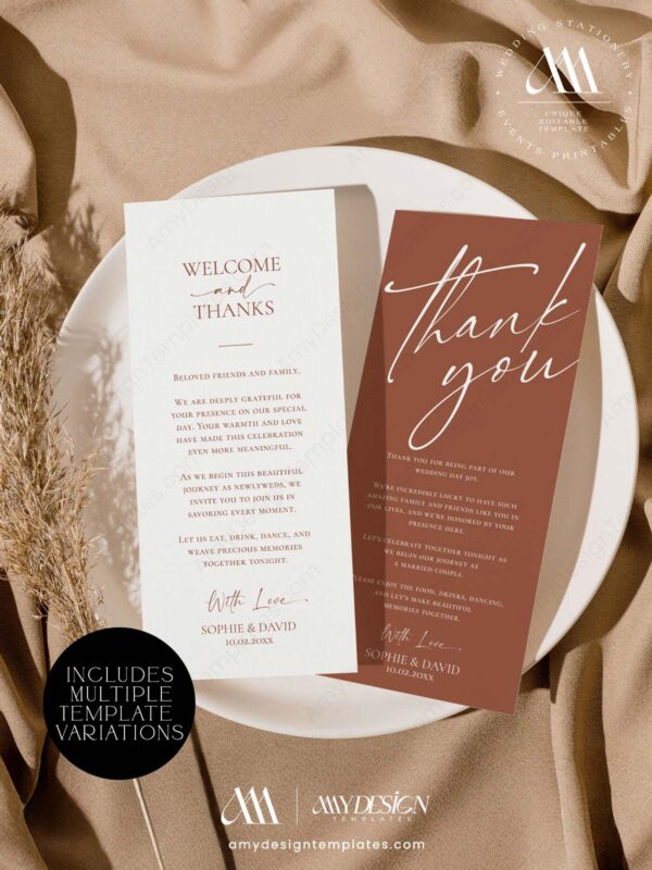 Modern Boho Thank You Place Card Printable | Thank You Napkin Note Template | Wedding Place Setting Cards | Editable Instant Download