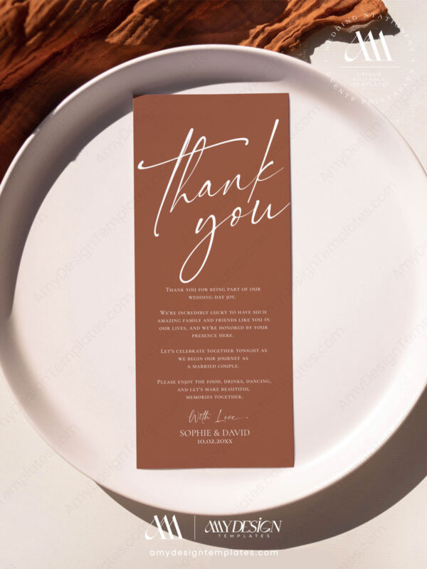 Modern Boho Thank You Place Card Printable | Thank You Napkin Note Template | Wedding Place Setting Cards | Editable Instant Download