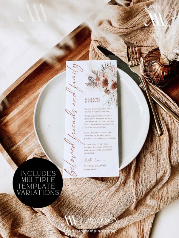Terracotta Wedding Napkin Note Template Printable | Rust Boho Template Printable Place Setting Thank You | Instant Download