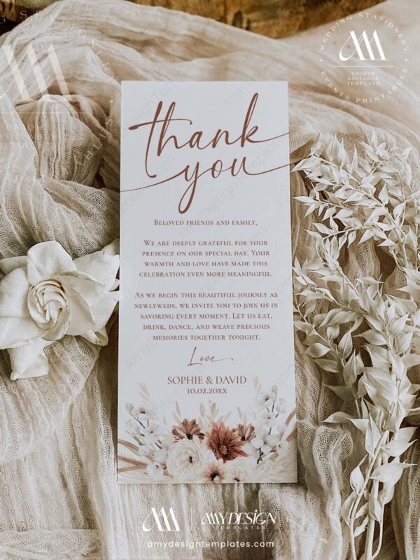 Terracotta Wedding Napkin Note Template Printable | Rust Boho Template Printable Place Setting Thank You | Instant Download