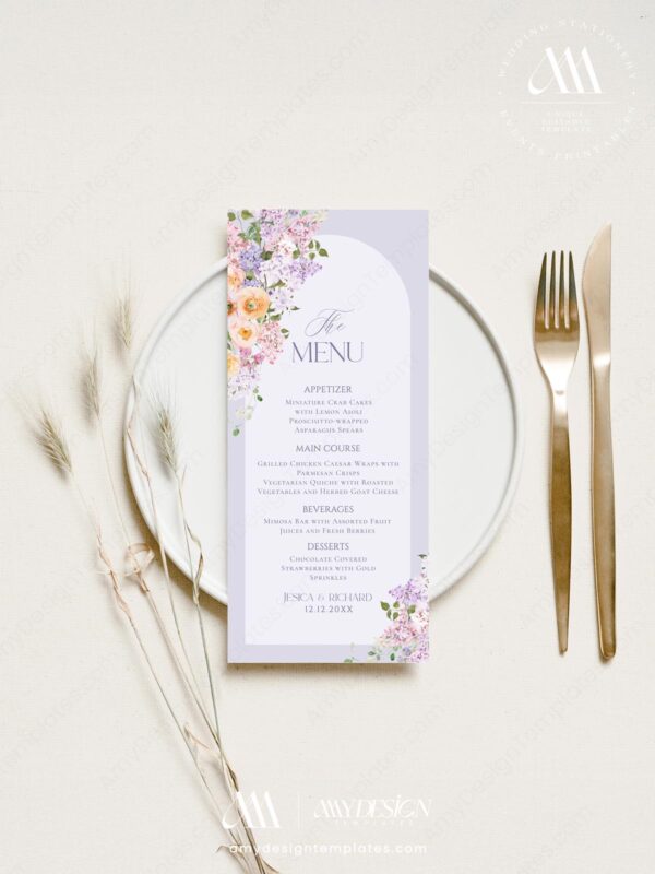 Spring Floral Menu Place Card Template | Shower Brunch Menu Template | Purple Peach Floral Wedding Menu Printable Table Decor
