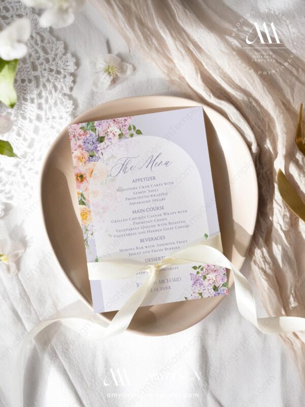 Spring Floral Menu Place Card Template | Shower Brunch Menu Template | Purple Peach Floral Wedding Menu Printable Table Decor