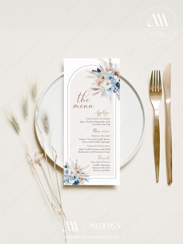 Blue Menu Card Template Editable | Boho Wedding Menu Template | Dinner Menu Printable Card | Wedding Table Decor