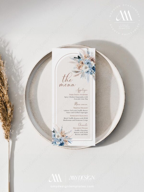 Blue Menu Card Template Editable | Boho Wedding Menu Template | Dinner Menu Printable Card | Wedding Table Decor