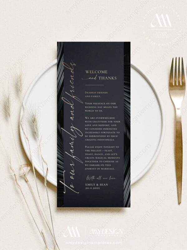 Elegant Table Thank You Note Template Printable | Table Setting Thank You Card | Black Gold Printable Cards | Thank You Napkin Note