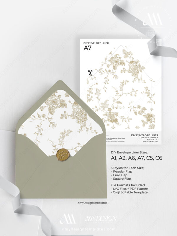 Alternative view of Floral Toile Envelope Liner Template | A7 French Toile Wedding Envelope Decoration | Euro Flap & Square Flap Template